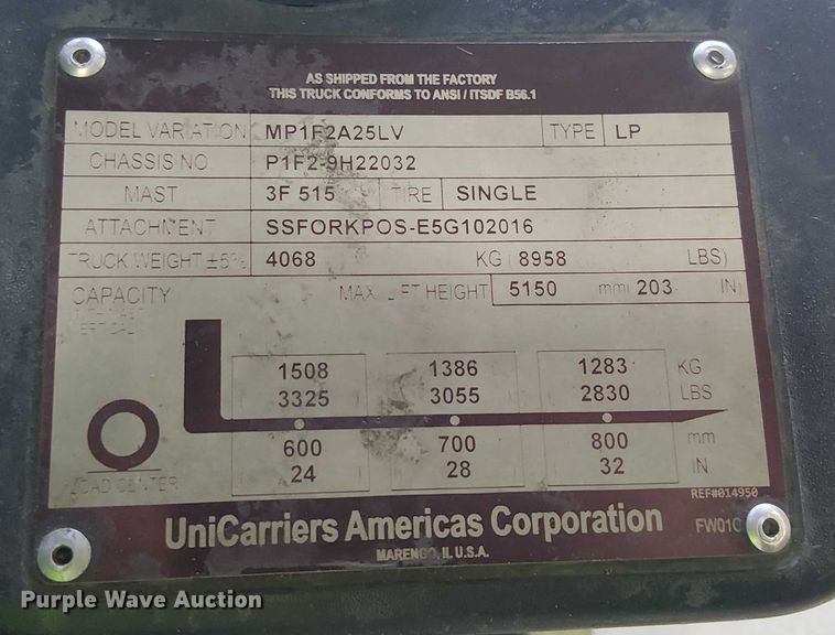 image for item EE5166 2017 UniCarriers PF50 forklift
