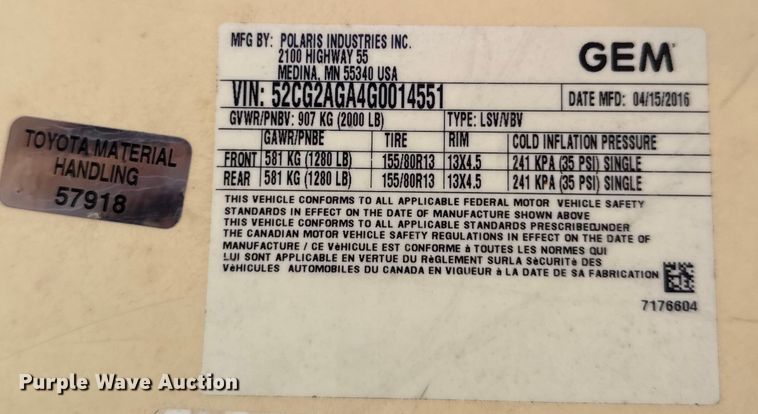 image for item EG2052 2016 Polaris Gem utility vehicle