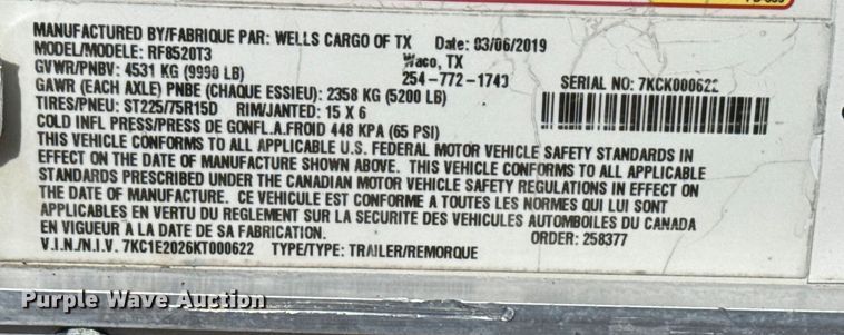 image for item EG2053 2019 Wells Cargo RF8520T3 enclosed cargo trailer