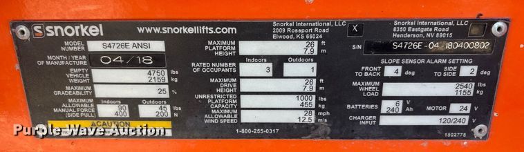 image for item EI5723 2019 Snorkel S4726E ANSI scissor lift