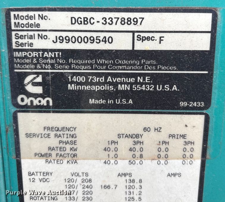 image for item EI5734 1999 Onan DGBC-3378897 generator