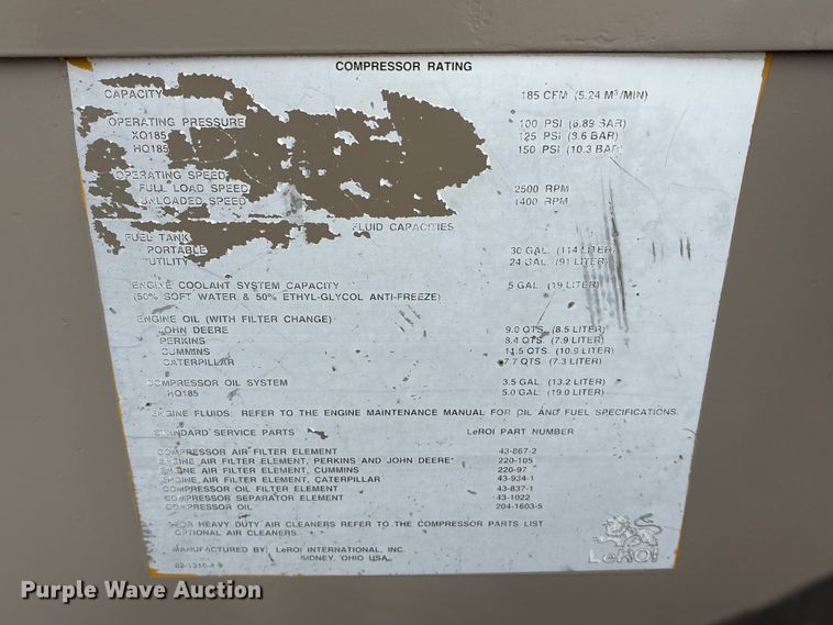 image for item EI5735 1996 LeRoi XQ185DJ-E air compressor
