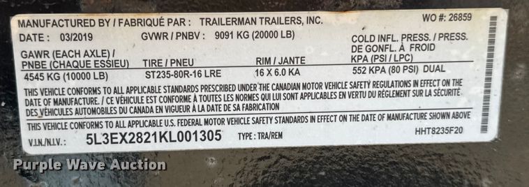 image for item ER0413 2019 Trailerman Trailers, Inc. HHT8235F20 equipment trailer