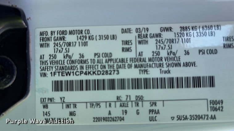 image for item ER7512 2019 Ford F150 XLT Crew Cab pickup truck