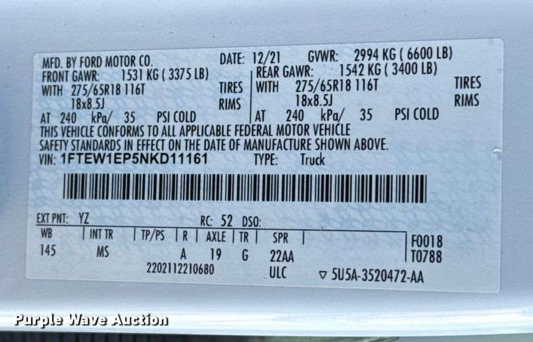 image for item ES5809 2022 Ford F150 Crew Cab pickup truck