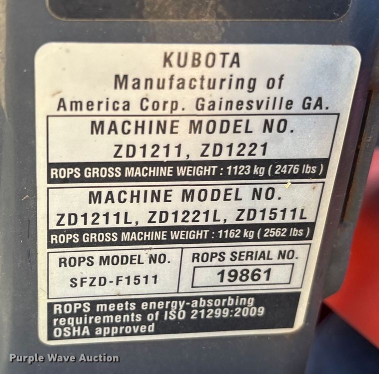 image for item ES8549 2019 Kubota ZD1211 ZTR lawn mower