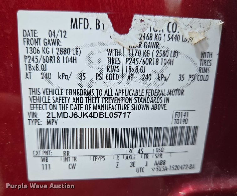 image for item ET1294 2013 Lincoln MKX SUV