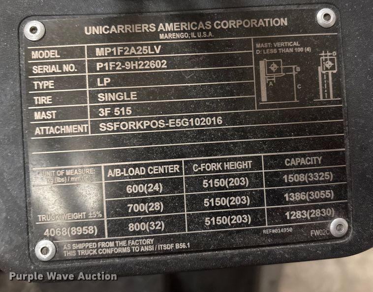 image for item ET8654 2017 UniCarriers PF50 forklift