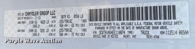 image for item EU4100 2014 RAM  Promaster 1500 delivery van