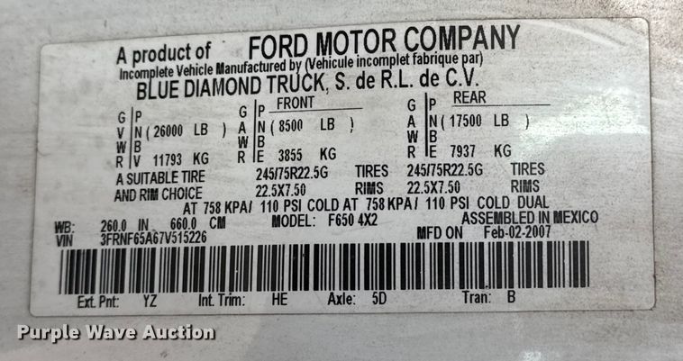 image for item EU4102 2007 Ford F650 Super Duty box truck