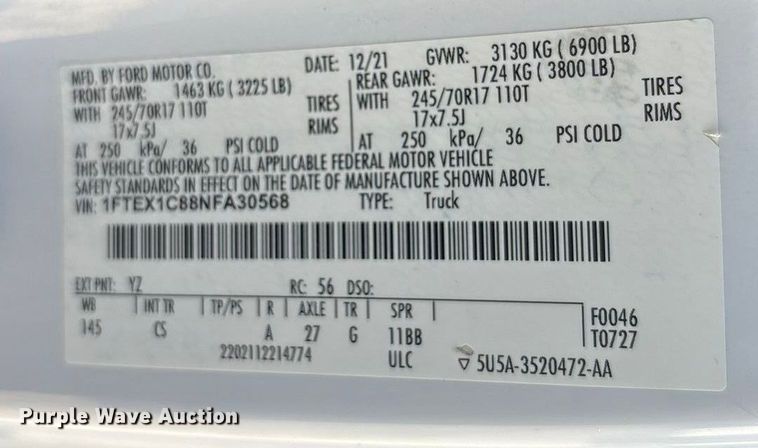 image for item EU4850 2022 Ford F150 Ext. Cab pickup truck