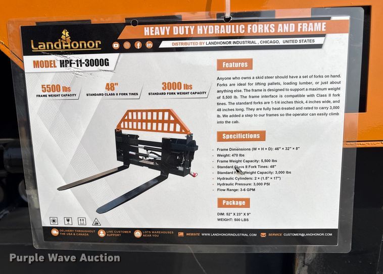 image for item EV2736 2025 Land Honor HPF-11-3000G skid steer forks