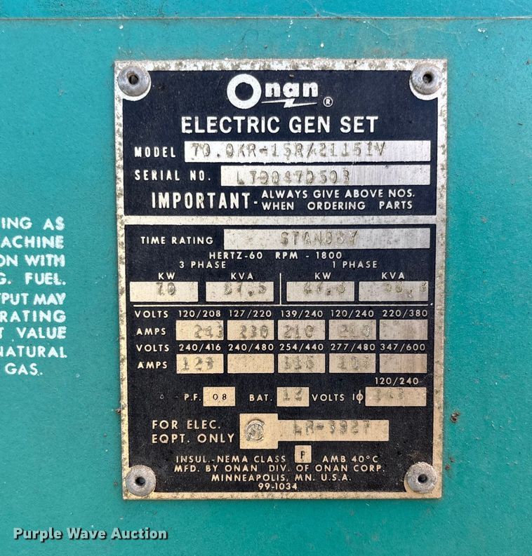 image for item EV3012 Onan 70.0KR-15R/21151V generator