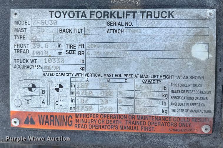 image for item FB0623 Toyota 7FGU30 forklift