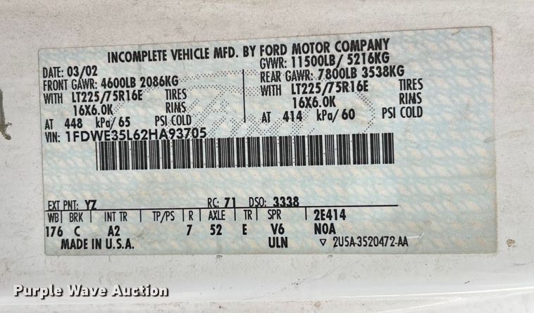 image for item FB0707 2002 Ford E350 box truck