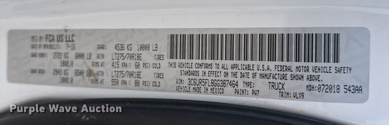 image for item FB0737 2016 RAM 2500 Crew Cab pickup truck