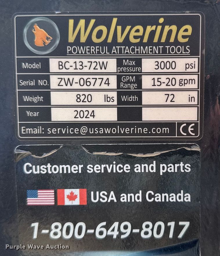 image for item FB0746 2024 Wolverine BC-13-72W skid steer rotary mower