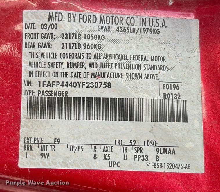 image for item FB2968 2000 Ford Mustang convertible