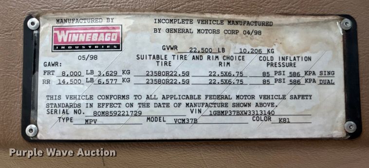 image for item FB3521 1998 Winnebago Grand Tour Vectra RV