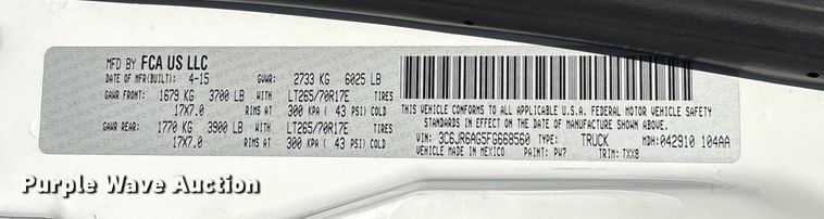 image for item FI1653 2015 RAM 1500 pickup truck