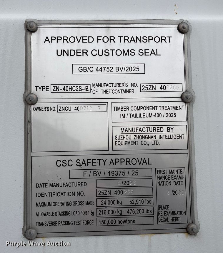 image for item FK1118 2025 Suzhou Zhongnan ZN-40HC2S-B shipping container