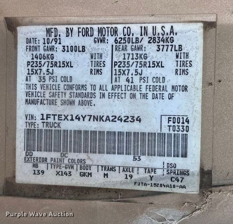 image for item FO3526 1992 Ford F150 Ext. Cab pickup truck