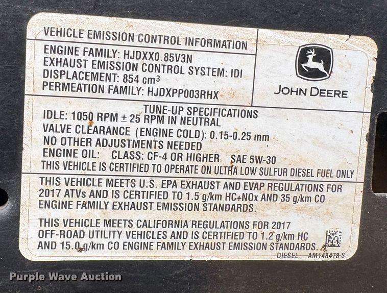 image for item YA2133 2017 John Deer Gator 855D S4 utility vehicle