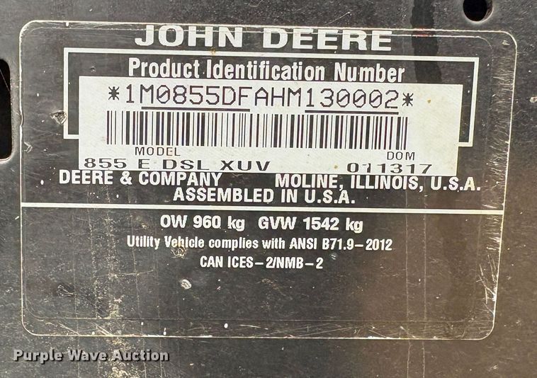 image for item YA2133 2017 John Deer Gator 855D S4 utility vehicle