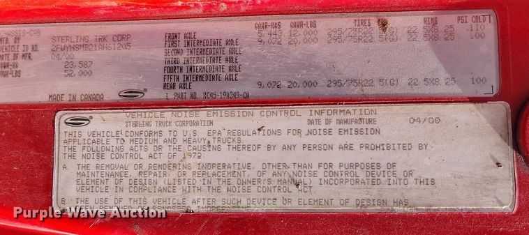 image for item DT0961 2001 Sterling A-Line vacuum truck