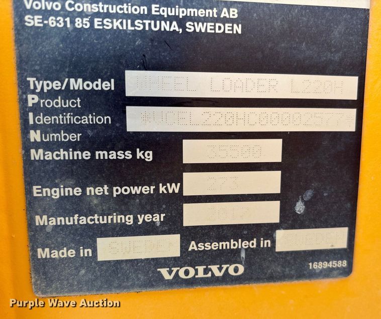 image for item DU6994 2017 Volvo L220H wheel loader