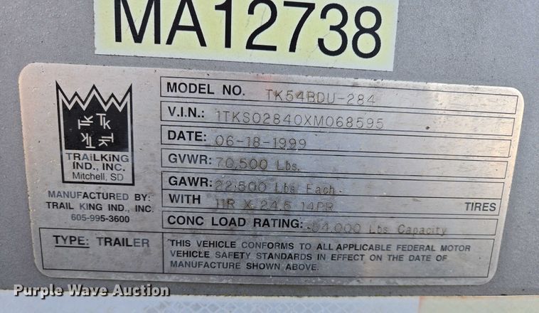 image for item EB1292 1999 Trail King TK54BDU-284 bottom dump trailer