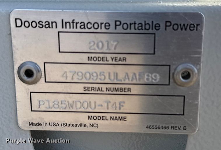 image for item EG2049 2017 Doosan P185WDOU-T4F air compressor