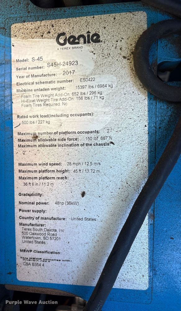 image for item ES8547 2017 Genie S-45 boom lift