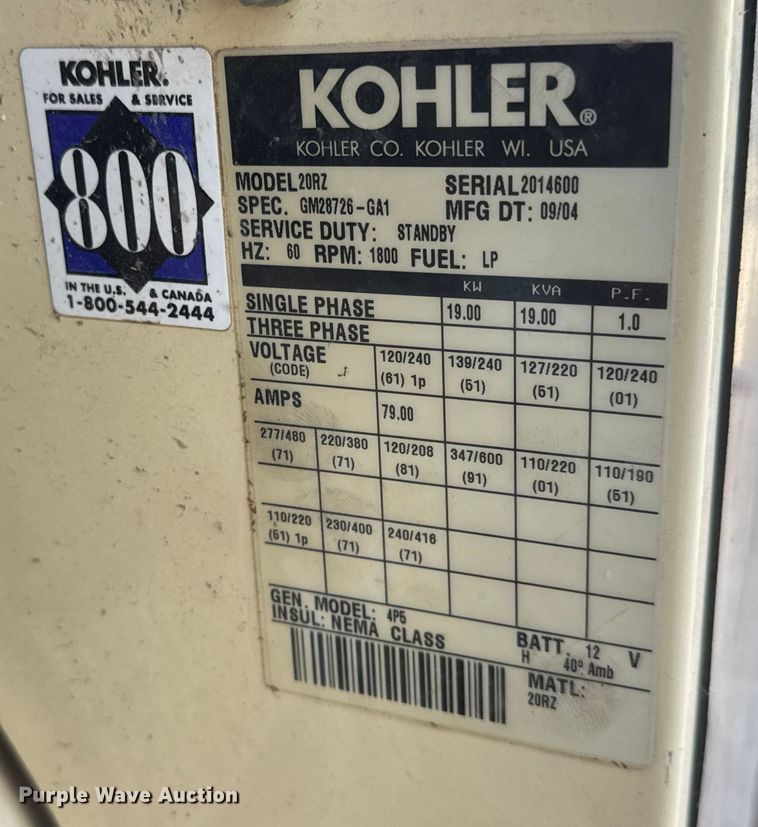image for item ET1535 2004 Kohler 20RZ generator