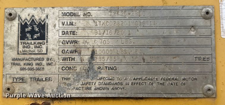 image for item ET4458 2001 Trail King TKT 20-2800 tilt deck equipment trailer