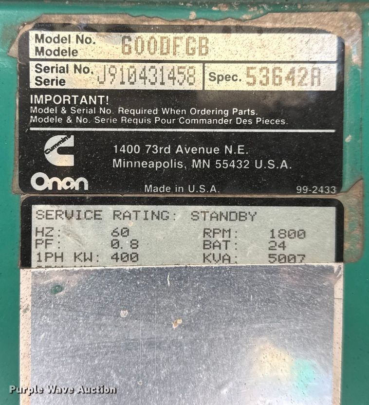 image for item ET4498 Onan 600DFGB generator