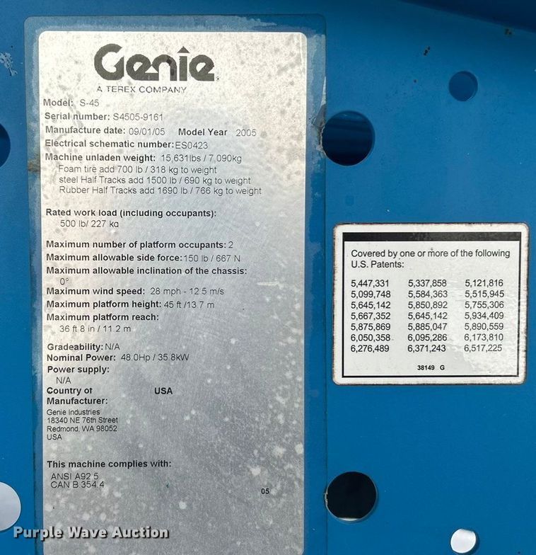 image for item ET6929 2005 Genie S-45 boom lift