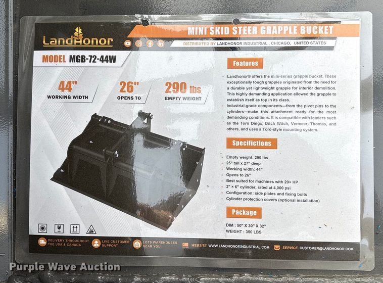 image for item EV2713 2025 Land Honor MGB-72-44W compact utility loader grapple bucket