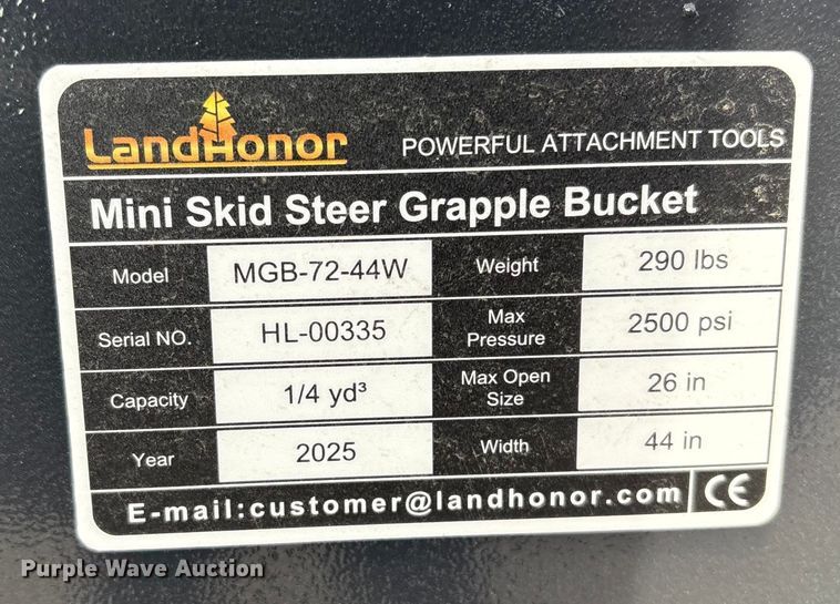 image for item EV2713 2025 Land Honor MGB-72-44W compact utility loader grapple bucket