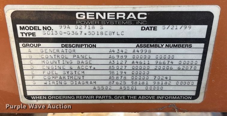 image for item FB2971 1999 Generac 99A02718S generator