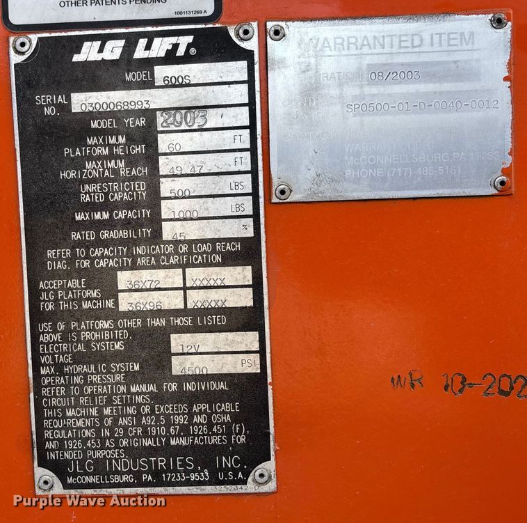 image for item FB2972 2003 JLG 600S boom lift