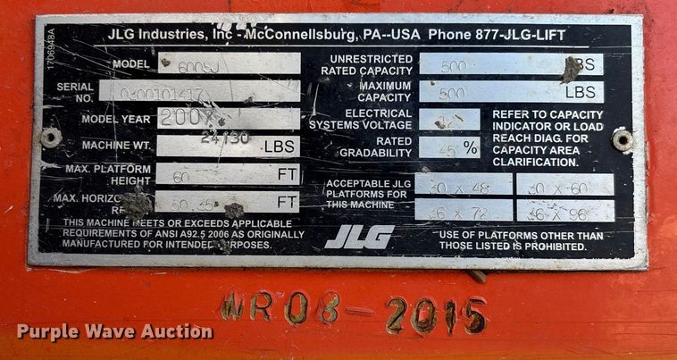 image for item FB2974 2007 JLG 600SJ boom lift