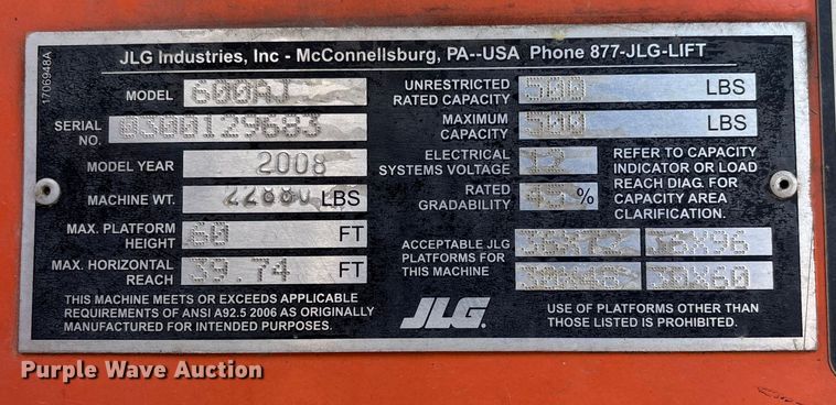 image for item FB2975 2008 JLG 600AJ boom lift