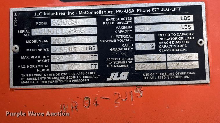 image for item FB2976 2007 JLG 600SJ boom lift