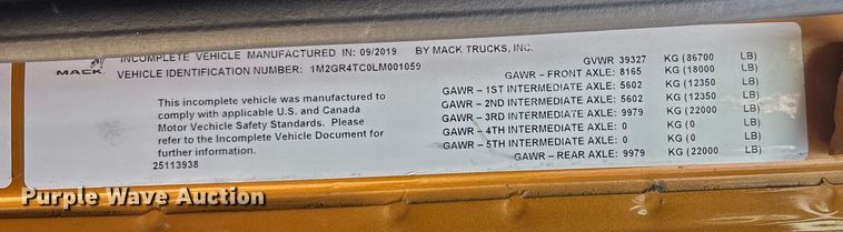 image for item FB3498 2020 Mack Granite GR104F dump truck