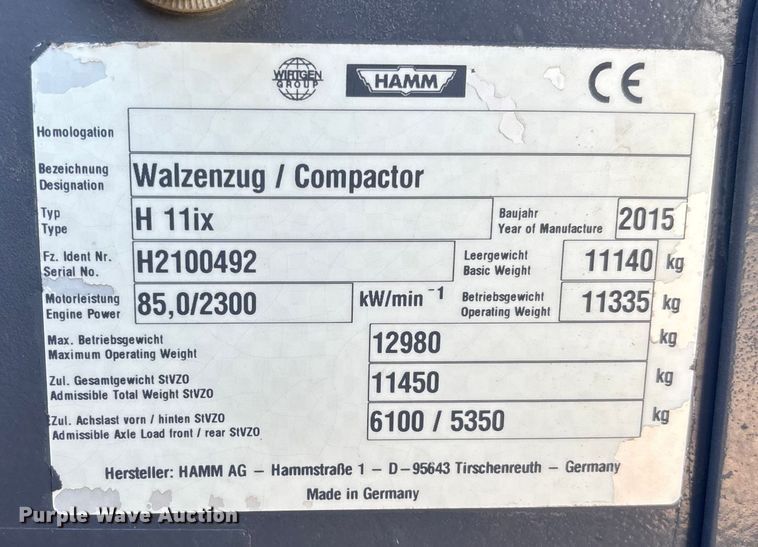 image for item FB5495 2015 Hamm H11ix single drum vibratory roller