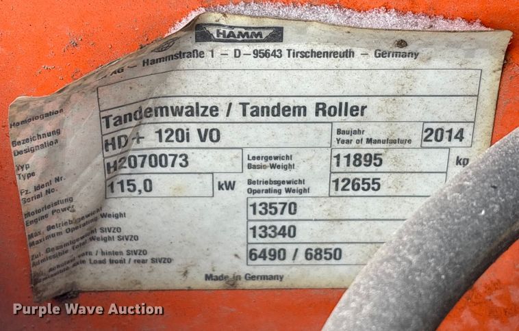 image for item FK1170 2014 Hamm HD120 double drum vibratory roller