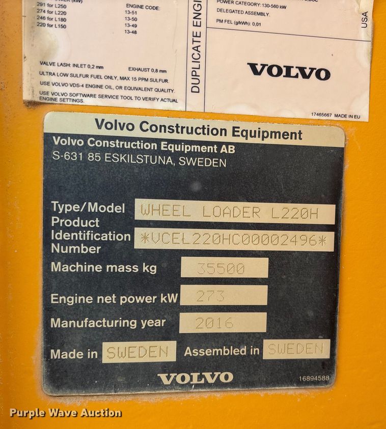 image for item FO3506 2016 Volvo L220H wheel loader