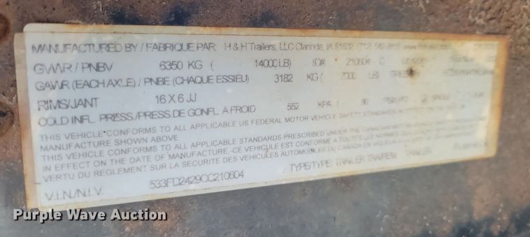 image for item NK9765 2012 H&H Trailers  equipment trailer