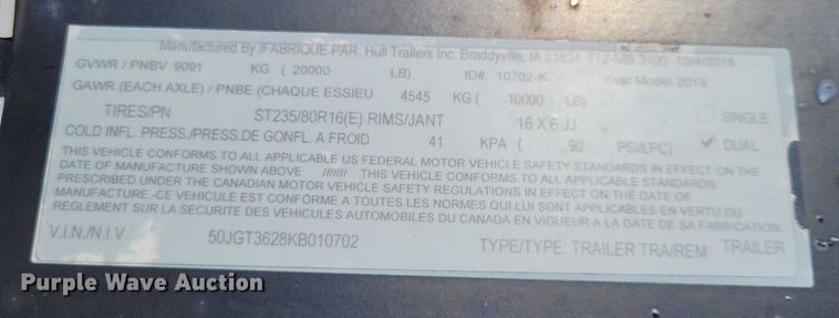 image for item NK9769 2019 Hull Trailers Inc 